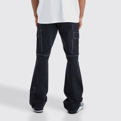 Streetwear Custom Elastic Waist Slim Flare Contrast Stitch Wide Leg Cargo Pants Men