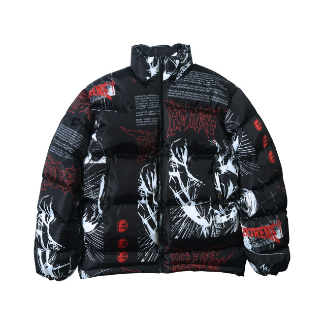 Anime streetwear jacket with all-over printing for men and women, thickened warm cotton jacket