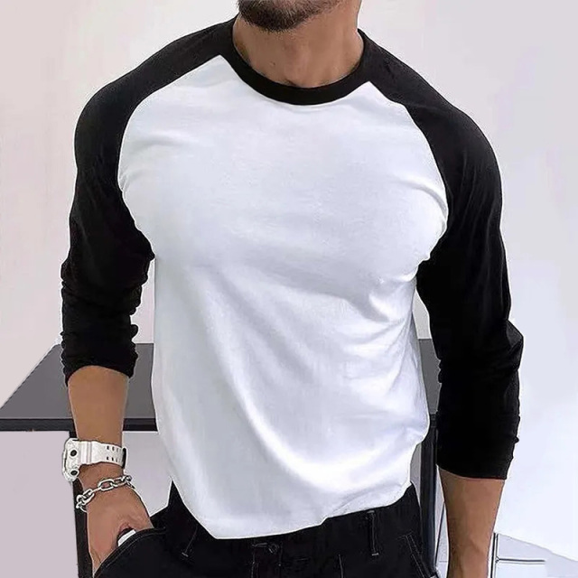 Custom High Quality Men's Crew Neck Long Sleeve T-shirt 100% Cotton Blank Patchwork Long Sleeve T-shirt For Men