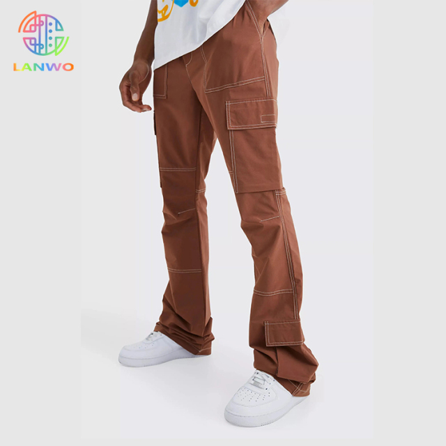 Streetwear Custom Elastic Waist Slim Flare Contrast Stitch Wide Leg Cargo Pants Men