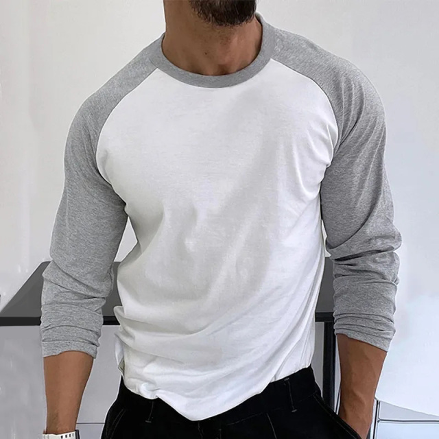 Custom High Quality Men's Crew Neck Long Sleeve T-shirt 100% Cotton Blank Patchwork Long Sleeve T-shirt For Men