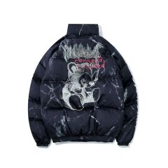 American style dark bear graffiti printed loose cotton jacket high quality streetwear hip-hop bread jacket