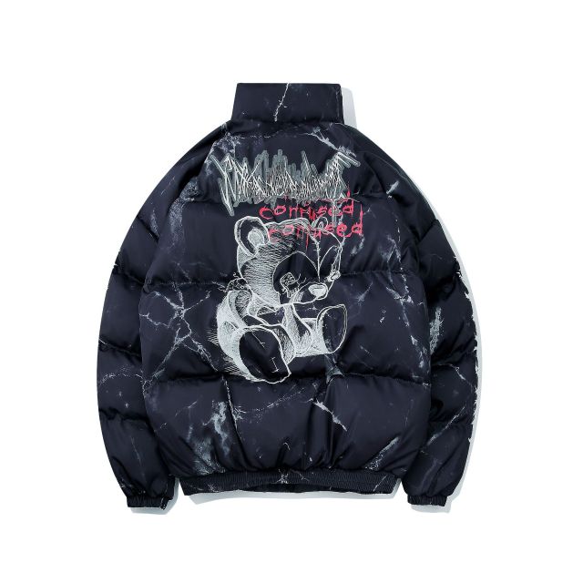 American style dark bear graffiti printed loose cotton jacket high quality streetwear hip-hop bread jacket