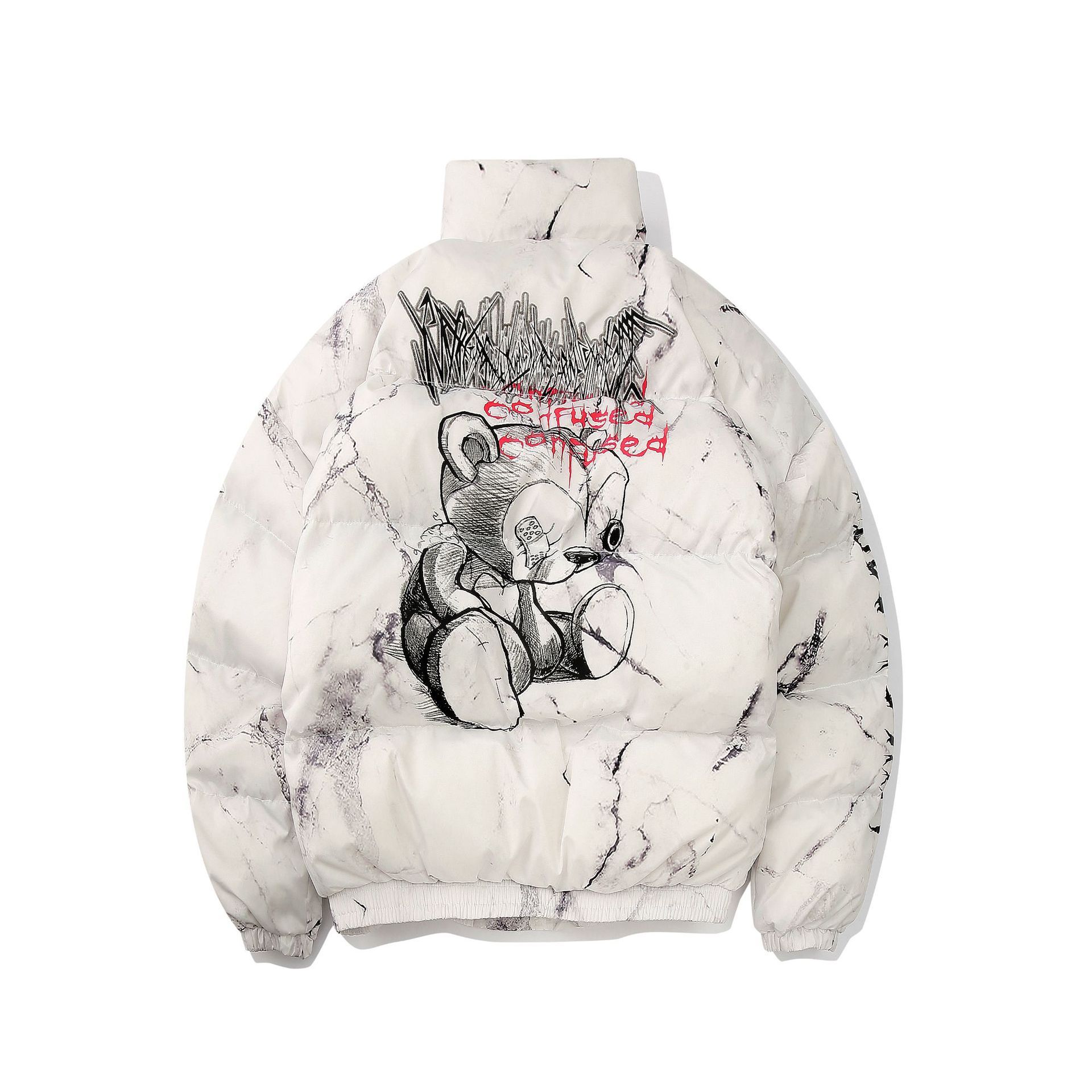 American style dark bear graffiti printed loose cotton jacket high quality streetwear hip-hop bread jacket