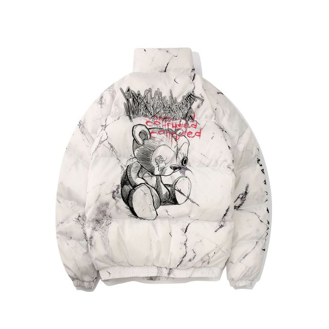 American style dark bear graffiti printed loose cotton jacket high quality streetwear hip-hop bread jacket
