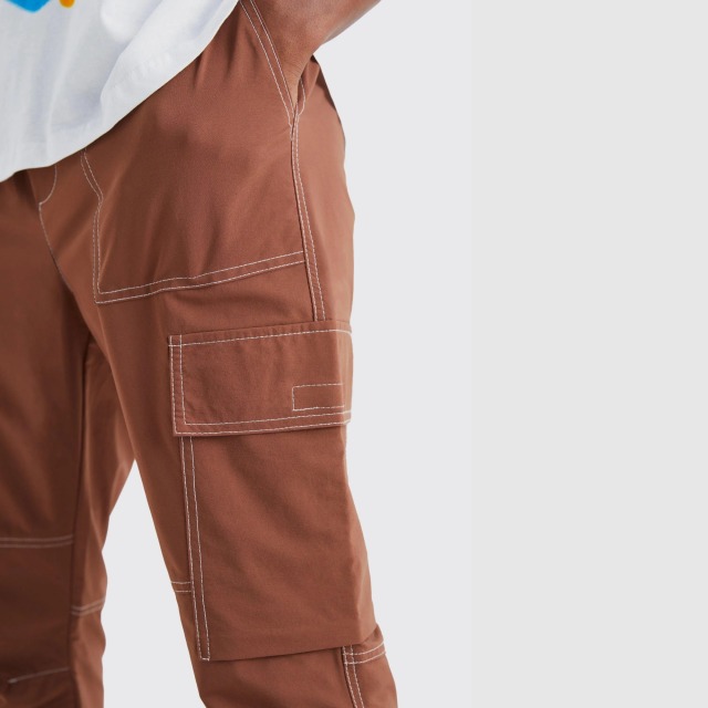 Streetwear Custom Elastic Waist Slim Flare Contrast Stitch Wide Leg Cargo Pants Men