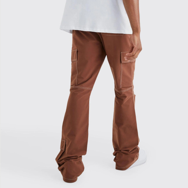 Streetwear Custom Elastic Waist Slim Flare Contrast Stitch Wide Leg Cargo Pants Men
