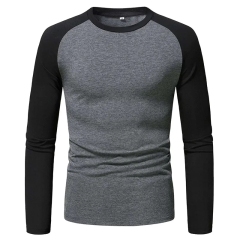 Custom High Quality Men's Crew Neck Long Sleeve T-shirt 100% Cotton Blank Patchwork Long Sleeve T-shirt For Men