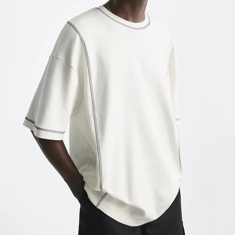 Custom Tshirt Men's 100% Cotton Contrast Trim Tshirt Streetwear Oversized Crewneck Drop Shoulder Heavyweight T Shirt For Men