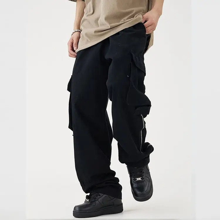 Vintage Streetwear Flap Pocket Men Pant Trouser Casual Zipper Detail Custom Logo Cargo Pants For Men