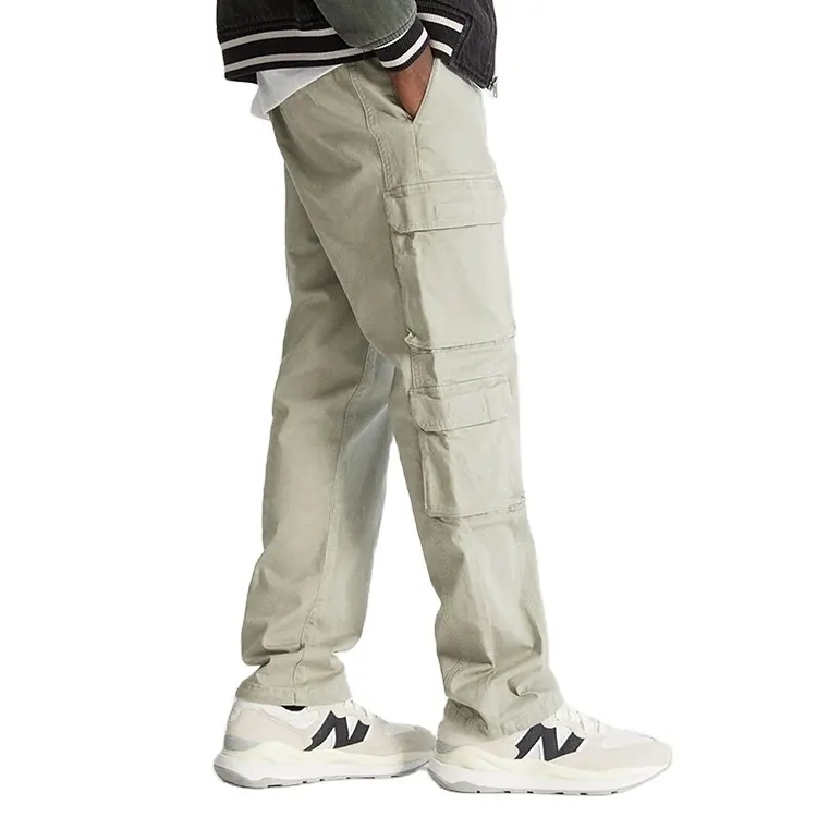 Straignht Leg Men Cotton Cargo Pants Drawstring Waistband Multi Pockets Mens Customized Trousers