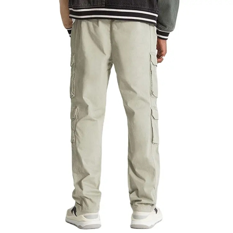 Straignht Leg Men Cotton Cargo Pants Drawstring Waistband Multi Pockets Mens Customized Trousers