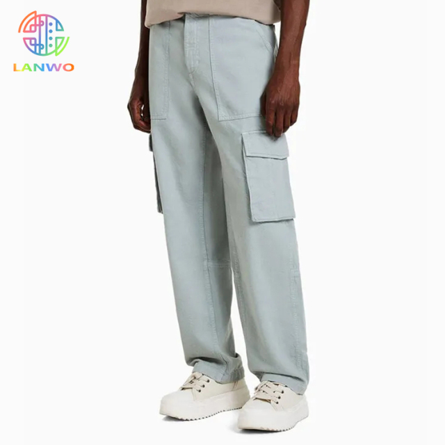 Cotton Twill Pants For Men Patch And Cargo Pockets Wide Leg Pants Customized Color Available