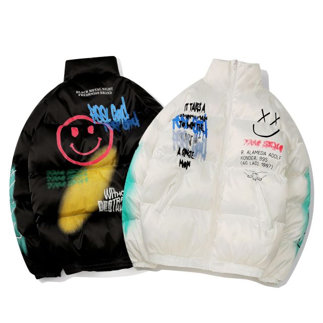 Dark high street graffiti spray paint winter thickened bread jacket men's hip-hop loose warm cotton jacket