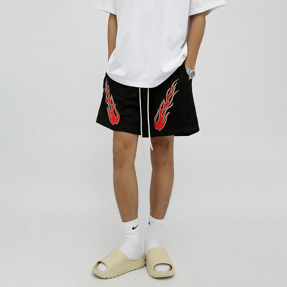 Summer new hip-hop embroidered flame casual shorts for men