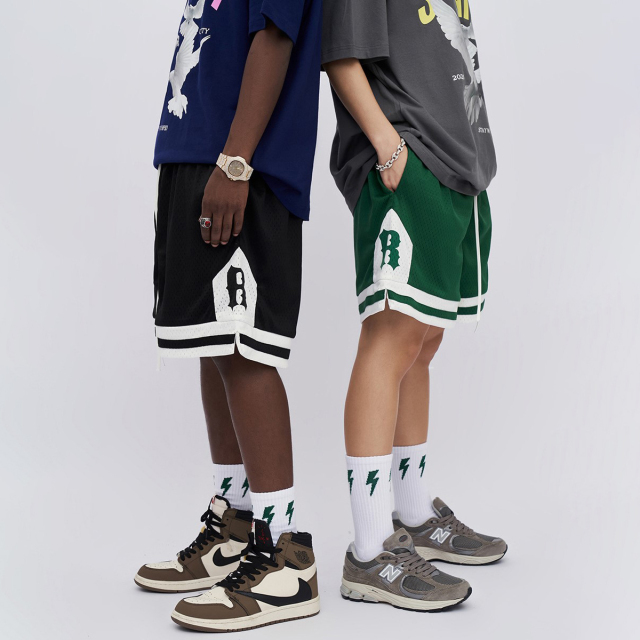 Summer heavyweight 400g mesh embroidered street loose shorts for men