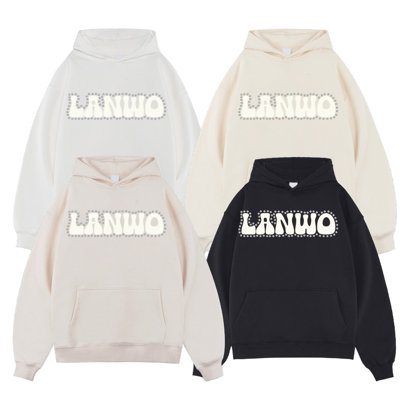 With Rhinestone Custom Fashion Hoodie Set Applique Embroidered Pullover Drawstring Jogging Set Distressed Hoodie For Men