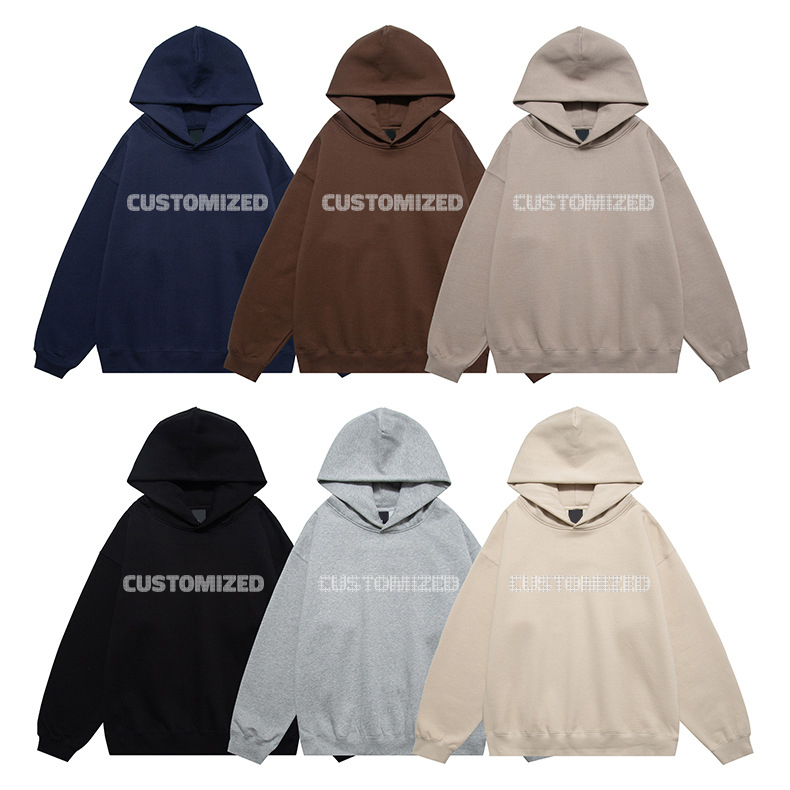 Custom Black Logo Long Sleeve Heavyweight Bling Strings Unisex Oversize Sweatshirt Sport Coat Pullover Rhinestone Hoodie