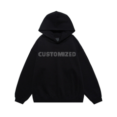 Custom Black Logo Long Sleeve Heavyweight Bling Strings Unisex Oversize Sweatshirt Sport Coat Pullover Rhinestone Hoodie