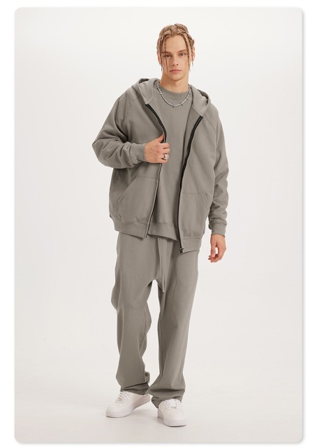 Custom Men Streetwear Heavyweight Grey Blank Boxy 450 Gsm Zip Up Hoodie 100% Cotton