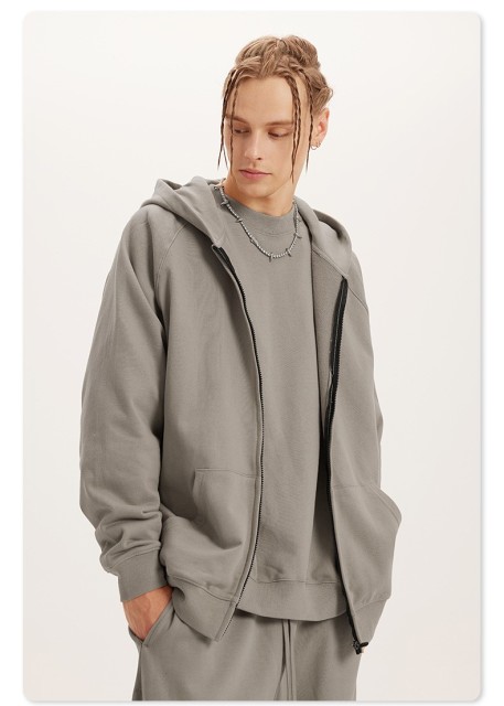 Custom Men Streetwear Heavyweight Grey Blank Boxy 450 Gsm Zip Up Hoodie 100% Cotton