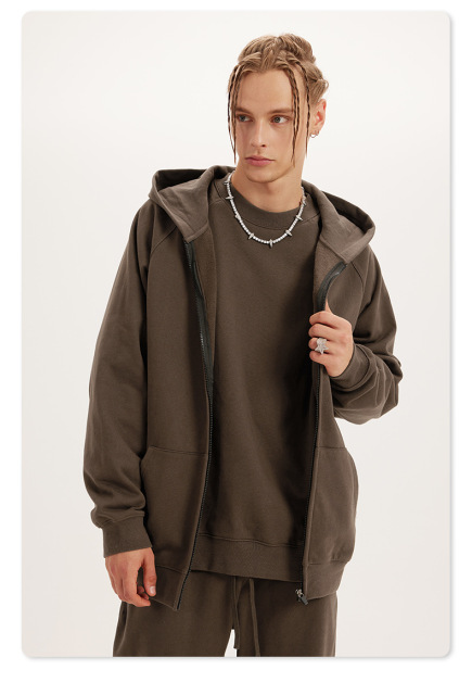 Custom Men Streetwear Heavyweight Grey Blank Boxy 450 Gsm Zip Up Hoodie 100% Cotton