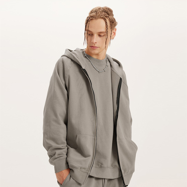 Custom Men Streetwear Heavyweight Grey Blank Boxy 450 Gsm Zip Up Hoodie 100% Cotton