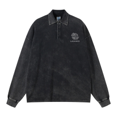 American Vintage Polo Collar Long Sleeve With Unisex Acid Wash Hemp High Quality Cotton Plain Brand Shirt