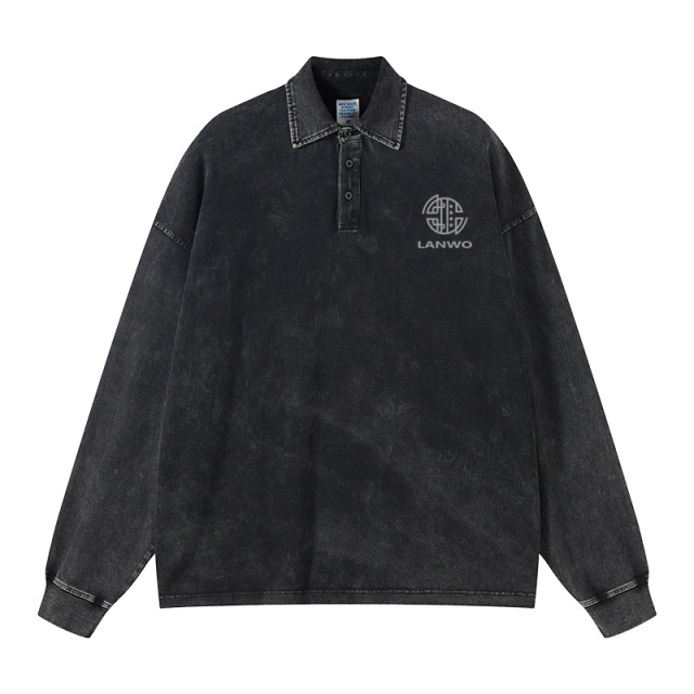 American Vintage Polo Collar Long Sleeve With Unisex Acid Wash Hemp High Quality Cotton Plain Brand Shirt