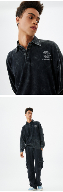 American Vintage Polo Collar Long Sleeve With Unisex Acid Wash Hemp High Quality Cotton Plain Brand Shirt