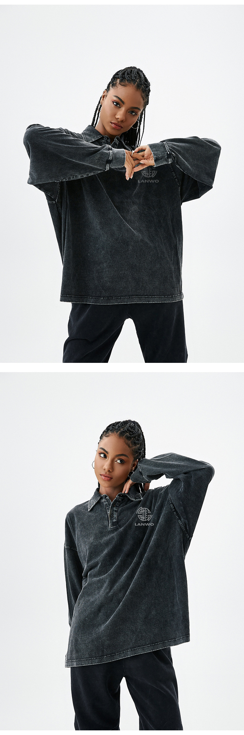 American Vintage Polo Collar Long Sleeve With Unisex Acid Wash Hemp High Quality Cotton Plain Brand Shirt