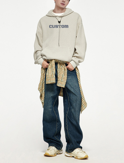 Custom Autumn Wear 300gsm 3d Embroidery Patch Waffle Knit Hoodie Men Light Weight Hoodie