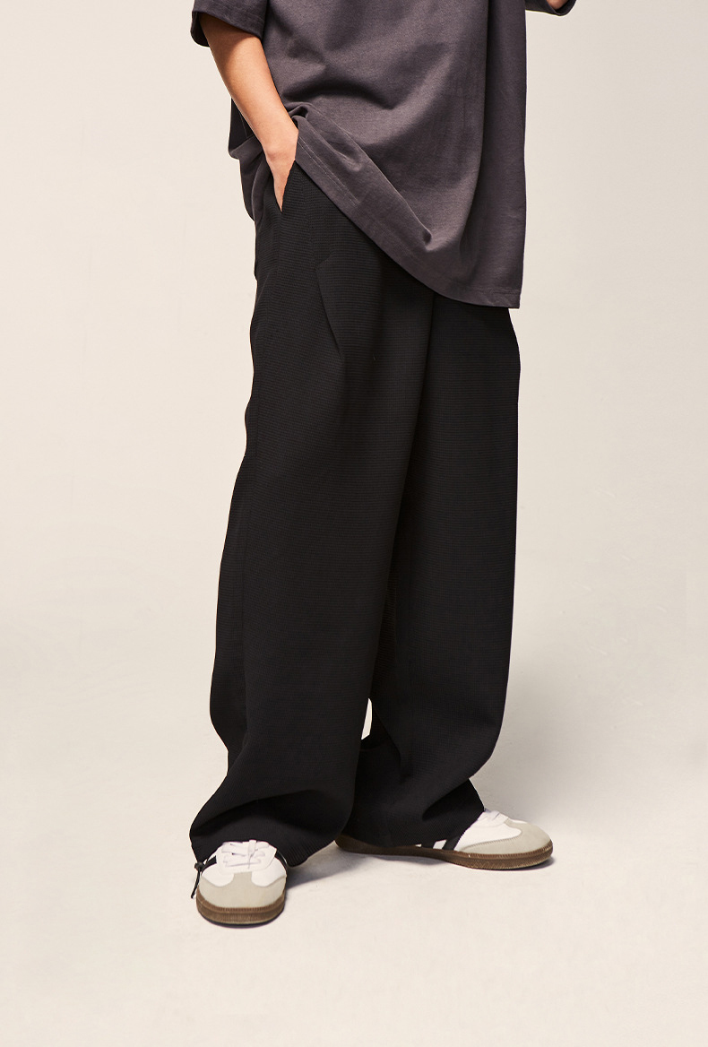 Custom Logo 480gsm 100%Polyester Waffle Design Mens Wide Leg Pants Oversize Street Wear Fashion Men'S Knitted Vintage Casual