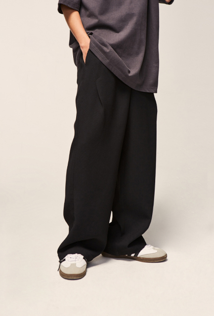 Custom Logo 480gsm 100%Polyester Waffle Design Mens Wide Leg Pants Oversize Street Wear Fashion Men'S Knitted Vintage Casual