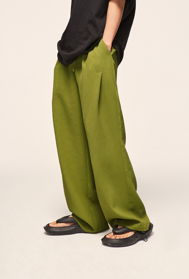 Custom Logo 480gsm 100%Polyester Waffle Design Mens Wide Leg Pants Oversize Street Wear Fashion Men'S Knitted Vintage Casual