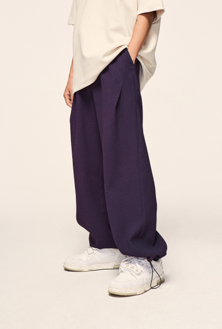 Custom Logo 480gsm 100%Polyester Waffle Design Mens Wide Leg Pants Oversize Street Wear Fashion Men'S Knitted Vintage Casual