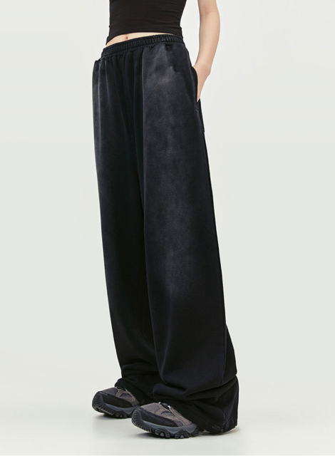 Street Fashion Mens French Terry Stacked Cotton Acid Washed Loose Fit Pants Men