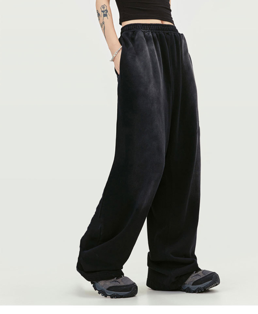 Street Fashion Mens French Terry Stacked Cotton Acid Washed Loose Fit Pants Men