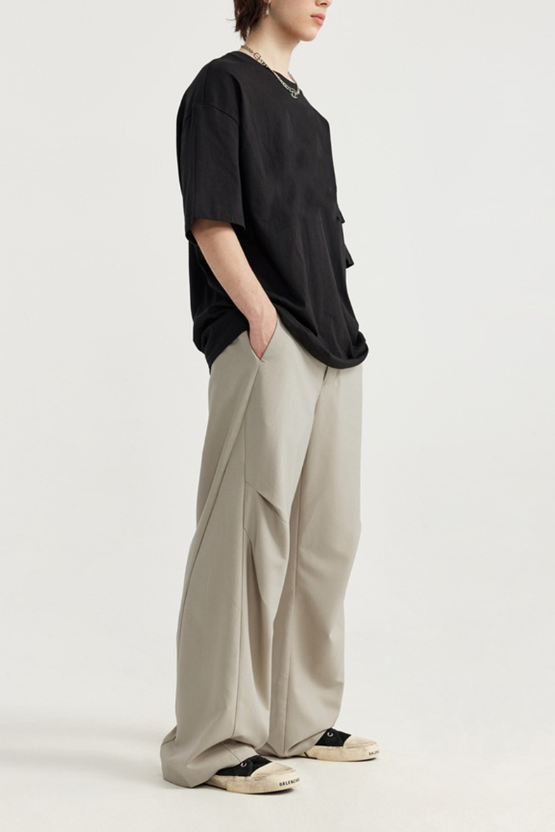 Streetwear Custom Suit Trouser Pants Knee Pleat Cutting Wide Leg Mens Suits