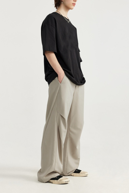 Streetwear Custom Suit Trouser Pants Knee Pleat Cutting Wide Leg Mens Suits