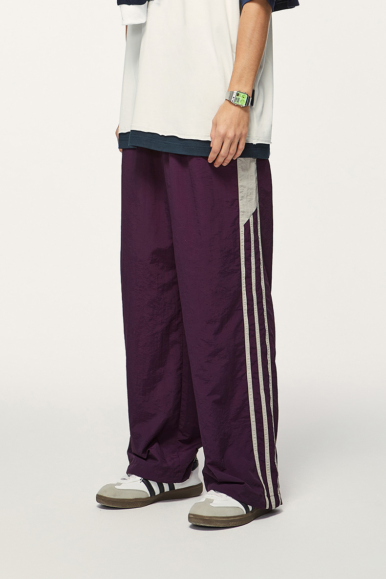 Custom Wide Leg Baggy Nylon Pants Manufacturer Side Striped Nylon Pants Stacked Oversized Loose Jogger Nylon Track Pants Men