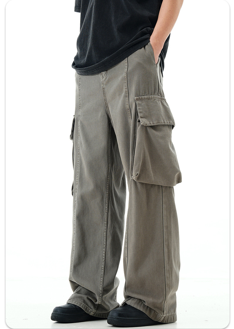 Men'S Trousers Cotton Twill Fabric Sports Loose Fit Jogger Zipper Multi Pockets Cargo Pants