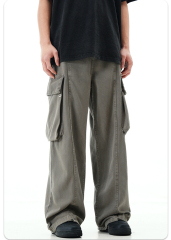 Men'S Trousers Cotton Twill Fabric Sports Loose Fit Jogger Zipper Multi Pockets Cargo Pants