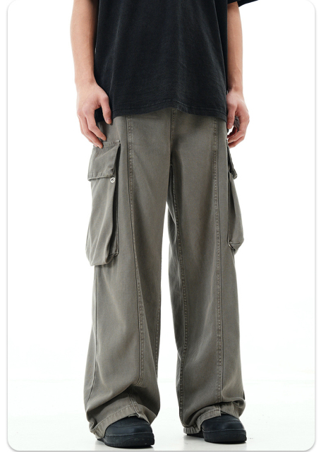 Men'S Trousers Cotton Twill Fabric Sports Loose Fit Jogger Zipper Multi Pockets Cargo Pants