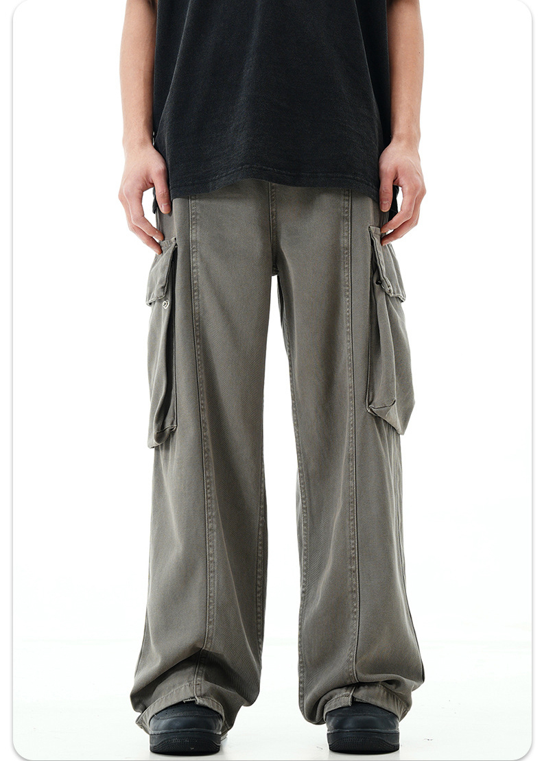 Men'S Trousers Cotton Twill Fabric Sports Loose Fit Jogger Zipper Multi Pockets Cargo Pants