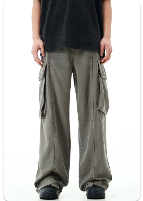 Men'S Trousers Cotton Twill Fabric Sports Loose Fit Jogger Zipper Multi Pockets Cargo Pants