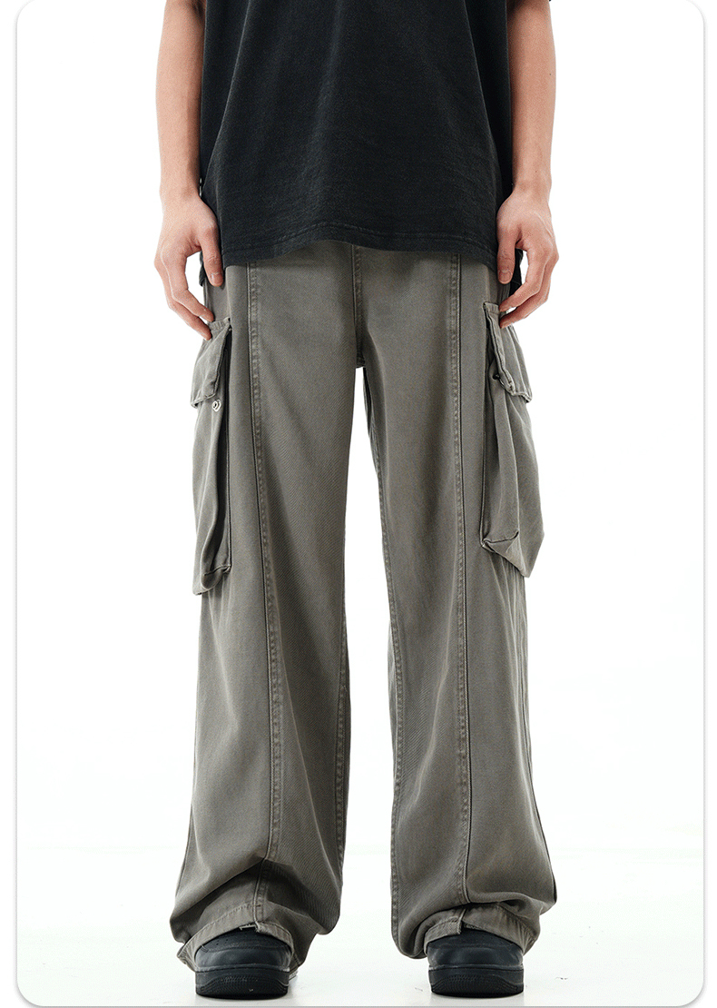Men'S Trousers Cotton Twill Fabric Sports Loose Fit Jogger Zipper Multi Pockets Cargo Pants