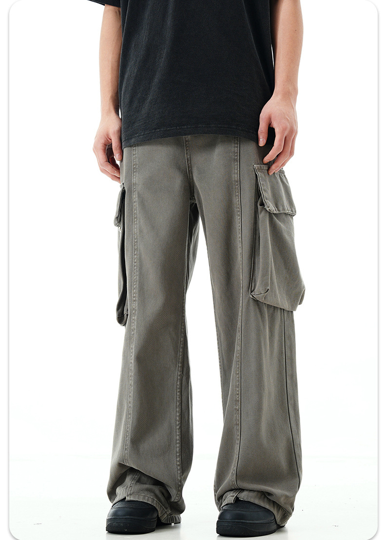 Men'S Trousers Cotton Twill Fabric Sports Loose Fit Jogger Zipper Multi Pockets Cargo Pants