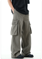 Men'S Trousers Cotton Twill Fabric Sports Loose Fit Jogger Zipper Multi Pockets Cargo Pants