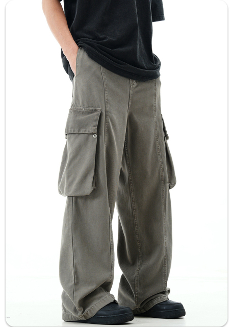 Men'S Trousers Cotton Twill Fabric Sports Loose Fit Jogger Zipper Multi Pockets Cargo Pants